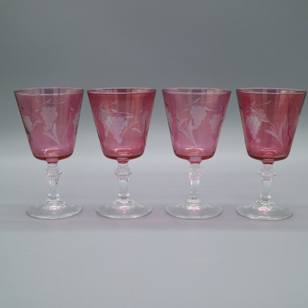 Crystal Amethyst Cranberry 5" Wine Glasses Grapes Vine Pattern | Aperitif